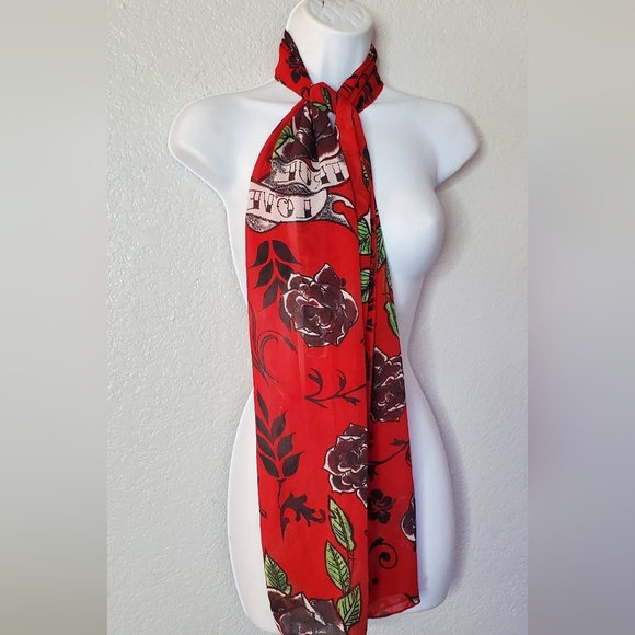 True Love Floral Red Scarf Tattoo Fusion Vintage Y2K Rockabilly Ed Hardy Style - Picture 1 of 6